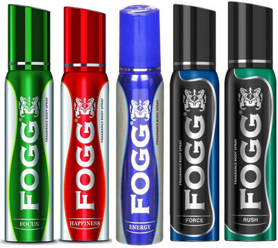 

Fogg Deodorant FOCUS, ENERGY, HAPPINESS, RUSH, FORCE 120ml x 5 New Body Spray - For Men & Women(600 ml, Pack of 5)