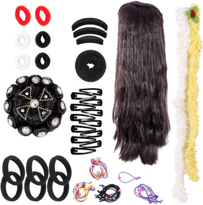 

HONBON nd Girls, Juda Accessories for Women and girls, Hair Extension 16-18 Inches and rubber band hair gajra hair clip hair making puff(Set of 63)