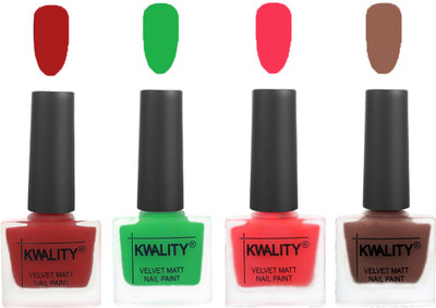 

Kwality Velvet Dull Matte Posh Shades Party Girl Range Nail Polish Sets Red,Green,Pink Mania,Shock Brown(Pack of 4)
