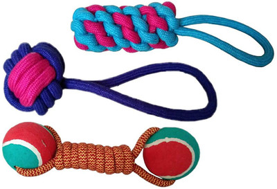 

W9 Combo of 3 Durable Pet Teeth Cleaning Chewing Biting Knotted Small Puppy Toys -100% Natural & Safe Cotton Cotton Chew Toy For Dog & Cat