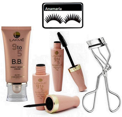 Anamaria Eyelashes & Lakme 9 to 5 BB Bright Benefit Cream & Water Proof Eyeliner+Mascara With Eyelashes Curler(Set of 5)