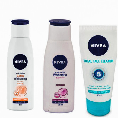 

Nivea EXTRA WHITENING CELL REPAIR SPF 15 75ML+WHITENING EVENTONE 75ML+TOTAL FACE CLEANUP 50ML(Set of 1)