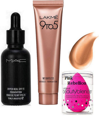 

Pink Rebellion Sponge Puff & Mac Hyper Real Foundation & Lakme 9 To 5 Weightless Mousse Foundation(Set of 3)