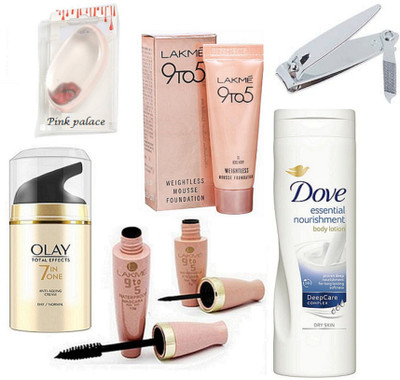

pink palace Silicon Puff, Lakme 9to5 Eyeliner & Mascara,Weightless Mousse Foundation,Nail Clipper,Olay Tital Effects 7 in one Anti Ageing Cream, Dove Essential Nourshing Body lotion(Set of 7)