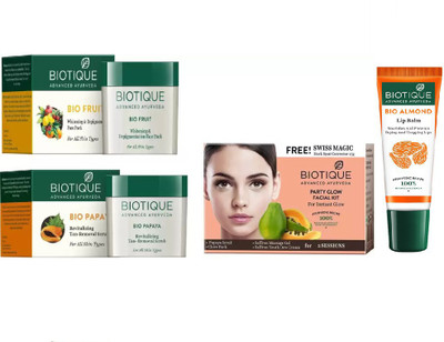 

BIOTIQUE BIO Fruit Face Pack, Bio Papaya Revitalizing Tan Removal Scrub, Bio Party Glow Facial Kit , LIP BALM(Set of 4)
