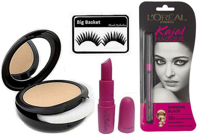 

big Basket Eyelashes & MAC Giambattista Valli Lipstick, Studio fix Compact, L'oreal Paris Kajal Magique Supreme Black(Set of 4)