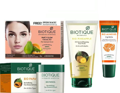 

BIOTIQUE BIO Party Glow Facial Kit, Bio Papaya Revitalizing Tan Removal Scrub, Bio Pineapple Oil Control Foaming Face Wash , LIP BALM(Set of 4)