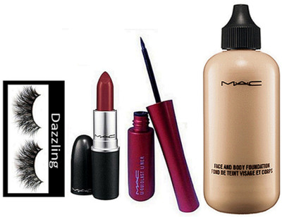 

dazzling Eyelashes, Mac Face And Body Foundation, Liquid Last Eyeliner, Matte Finish Lipstick(Set of 4)