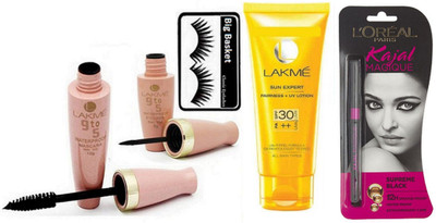 

big Basket Eyelashes &Sun Expert UV SPF 30 Sun Lotion, Waterproof Eyeliner & Mascara, L'oreal Paris Kajal Magique Supreme Black(Set of 5)