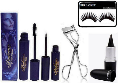 

big Basket eyelashes , padma eyeliner & mascara , stick kaj. with eyelash Curler(Set of 5)