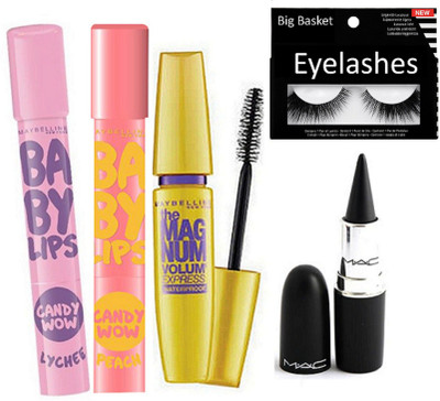 

big basket Eyelashes & Baby Lips Candy Wow Orange & Peach Lip balm & Maybellien Magmum Mascara & Stick Kaj(Set of 5)