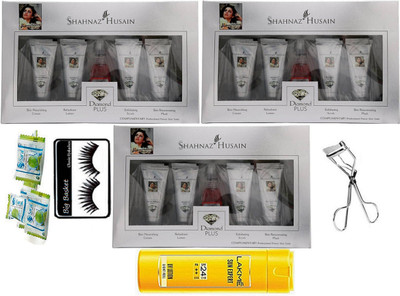 

big Basket Eyelashes, Shahnaz Husain Daimond Facial kit pack of 3 with Lakme Sun Expert Lotion, eyelashes curler & Magic Napkin pack of 4(Set of 10)