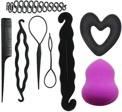 

Bella Hararo 8pc Set Juda Maker+Heart shape Donut + Braid maker + Hair Styling Tool Combo & Makeup Foundation Sponge Puff(Set of 1)