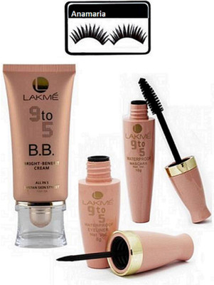 

Anamaria Eyelashes & Lakme 9 to 5 BB Bright Benefit Cream & Water Proof Eyeliner+Mascara(Set of 4)
