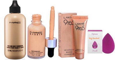 

big basket Spounge, & Face & Body Foundation , Studio Waterweight Foundation & Lakme 9to5 Mousse Foundation(Set of 4)