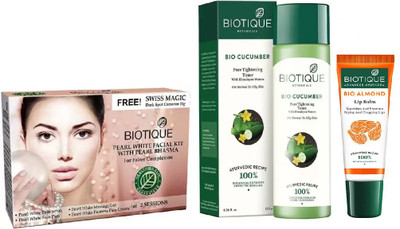 

BIOTIQUE BIO Pearl White Facial Kit, Bio Cucumber Pore Tightening Toner, LIP BALM(Set of 3)