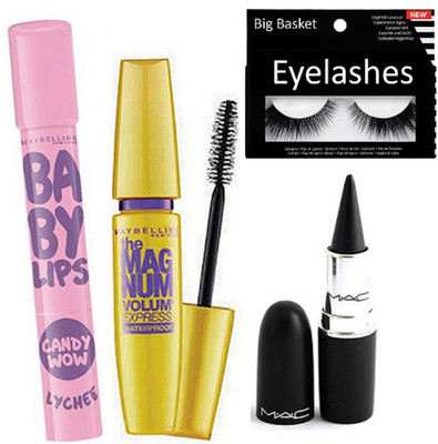 

big Basket Eyelashes & Baby Lips Candy Wow Lychee Lip balm & Maybellien Magmum Mascara & Stick Kajal(Set of 4)
