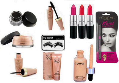 

big basket Eyelashes & Loose PowderMac,Gel Liner,Matte Finish Lipstick (Set of 3),Studio Waterwight Foundation,9to5 Liner&Mascara,Mousse Foundation.L'oreal Paris Kajal Magique Supreme Black(Set of 11)
