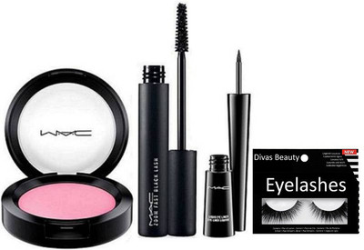 

divas beauty Eyelashes , Mac Zoomlash Mascara & Liquid Eyeliner , Pink Shade Blusher(Set of 4)