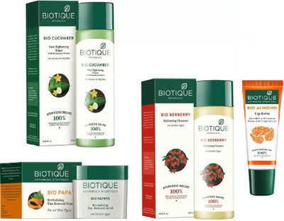 BIOTIQUE BIO Cucumber Pore Tightening Toner, Bio Papaya Revitalizing Tan Removal Scrub, Bio Berberry Hydrating Cleanser , LIP BALM(Set of 4)