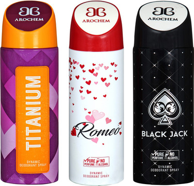 

arochem TITANIUM & ROMEO & BLACK JACK DYNAMIC DEODORANT SPRAY Body Spray - For Men & Women(600 ml, Pack of 3)