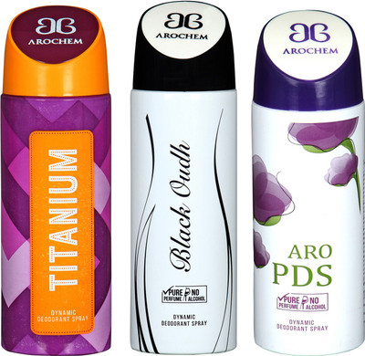 

arochem TITANIUM & BLACK OUDH & ARO PDS DYNAMIC DEODORANT SPRAY Body Spray - For Men & Women(600 ml, Pack of 3)