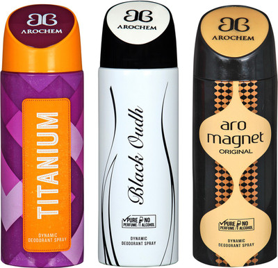 

arochem TITANIUM & BLACK OUDH & ARO MAGNET DYNAMIC DEODORANT SPRAY Body Spray - For Men & Women(600 ml, Pack of 3)