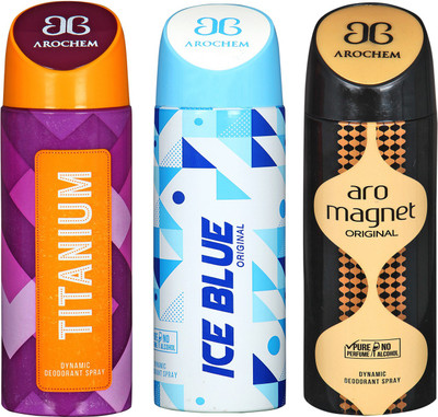 

arochem TITANIUM & ICE BLUE & ARO MAGNET DYNAMIC DEODORANT SPRAY Body Spray - For Men & Women(600 ml, Pack of 3)
