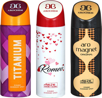 

arochem TITANIUM & ROMEO & ARO MEGNET DYNAMIC DEODORANT SPRAY Body Spray - For Men & Women(600 ml, Pack of 3)