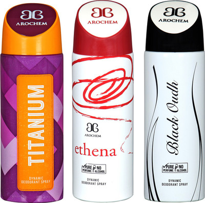 

arochem TITANIUM & ETHENA & BLACK OUDH DYNAMIC DEODORANT SPRAY Body Spray - For Men & Women(600 ml, Pack of 3)