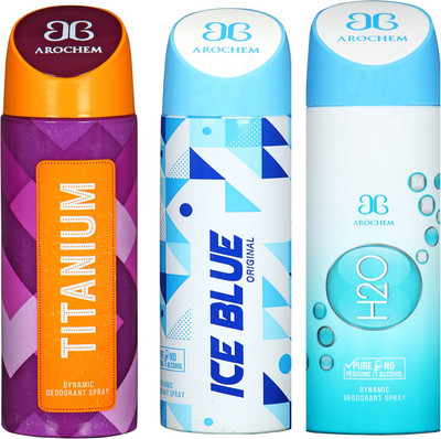 

arochem TITANIUM & ICE BLUE & H20 DYNAMIC DEODORANT SPRAY Body Spray - For Men & Women(600 ml, Pack of 3)