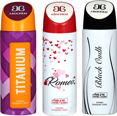 

arochem TITANIUM & ROMEO & BLACK OUDH DYNAMIC DEODORANT SPRAY Body Spray - For Men & Women(600 ml, Pack of 3)