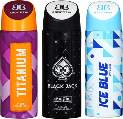 

arochem TITANIUM & BLACK JACK & ICE BLUE DYNAMIC DEODORANT SPRAY Body Spray - For Men & Women(600 ml, Pack of 3)