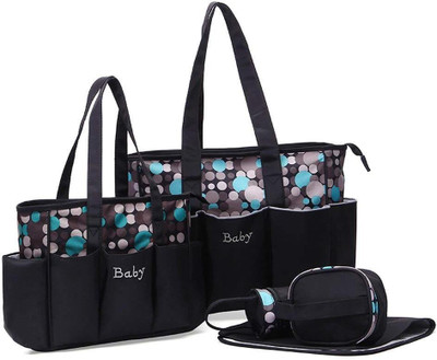 

Foolzy 5 pieces Polka Dot Diaper bags set Waterproof and Multi-Function Large Baby Diaper Bag baby bags for Mom and Dad with Changing pad Baby bag(Black)
