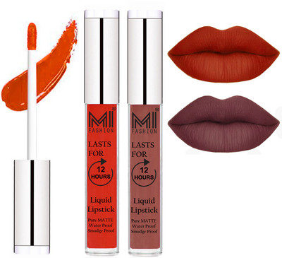 

MI FASHION 100% Veg Matte Made in India Liquid Lip Gloss Lipstick Waterproof, Long Lasting Set of 2 -(6 ml, Orange Pulp Liquid Lipstick,Light Chocolate Lip Gloss)