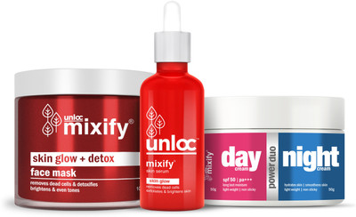 

Mixify UNLOC GLOW SUPER COMBO: Unloc Skin Glow Serum (30 ml) + Unloc Power Duo Day & Night Cream (90g) + Unloc "Skin Glow + Detox" Face Mask (100gm) |Paraben Free|Sulphate Free(220 g)