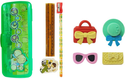 

Prime pencil kit with eraser set cartoon character Art Plastic Pencil Box(Set of 9, Green)