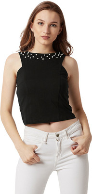 Miss Chase Casual No Sleeve Solid Women Black Top