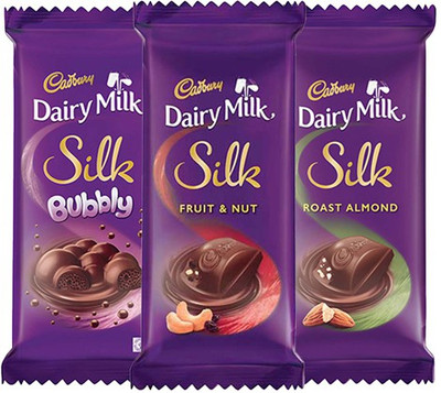 

Cadbury Dairy Milk Silk Large Chocolates Combo, (1XSilk Bubbly 120g, 1XSilk Roast Almond 137g & 1XSilk Fruit and Nut 137g) Bars(Pack of 3, 394 g)