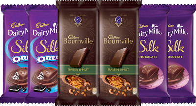 

Cadbury chocolates combo, (2XSilk Plain 60g, 2XSilk Oreo 60g & 2XBournville Raisin Nut 80g) Bars(Pack of 6, 400 g)