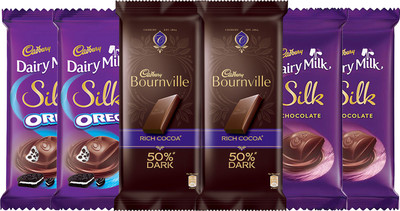 

Cadbury chocolates combo, (2XSilk Plain 60g, 2XSilk Oreo 60g & 2XBournville Rich Cocoa 80g) Bars(Pack of 6, 400 g)