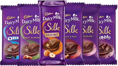 

Cadbury Dairy Milk Silk Small Chocolates Combo, (Silk Plain,Silk Oreo,Silk Bubbly,Silk Roast Almond,Silk Fruit & Nut,Silk Hazelnut) Bars(Pack of 6, 338 g)