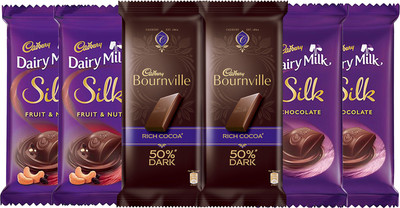 

Cadbury chocolates combo, (2XSilk Plain 60g, 2XSilk Fruit and Nut 55g & 2X Bournville Rich Cocoa 80g) Bars(Pack of 6, 390 g)