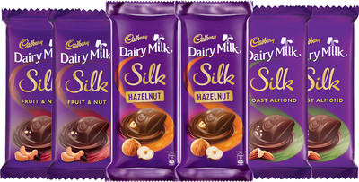 

Cadbury Dairy Milk Silk Small Chocolates Combo, (2XSilk Roast Almond 55g, 2XSilk Hazelnut 58g & 2X Silk Fruit and Nut 55g) Bars(Pack of 6, 336 g)