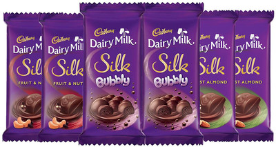 

Cadbury Dairy Milk Silk Small Chocolates Combo,(2XSilk Bubbly 50g, 2XSilk Roast Almond 55g & 2XSilk Fruit and Nut 55g) Bars(Pack of 6, 320 g)