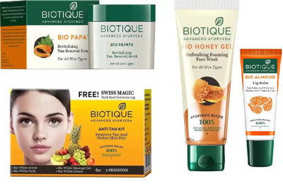 BIOTIQUE BIO Papaya Revitalizing Tan Removal Scrub, Bio Honey Gel Refreshing Foaming Face Wash, Bio Anti Tan Facial Kit , LIP CARE(Set of 4)