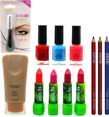 

firstzon™ Fashion make up combo (foundation,4 green tea lipstick,3 nail paint,eye liner,2 lip liner,1 eye pencil)(Set of 12)