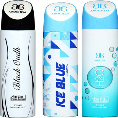 

arochem BLACK OUDH & ICE BLUE & H20 DYNAMIC DEODORANT SPRAY Body Spray - For Men & Women(600 ml, Pack of 3)