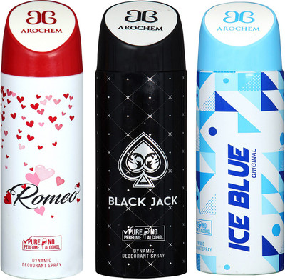 

arochem ROMEO & BLACK JACK & ICE BLUE DYNAMIC DEODORANT SPRAY Body Spray - For Men & Women(600 ml, Pack of 3)