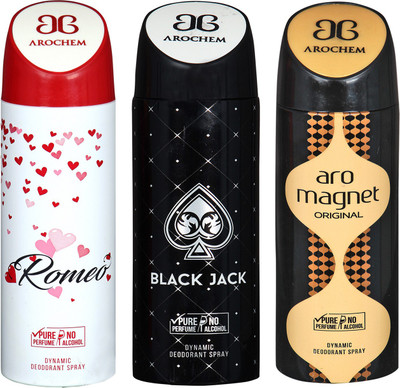 

arochem ROMEO & BLACK JACK & ARO MAGNET DYNAMIC DEODORANT SPRAY Body Spray - For Men & Women(600 ml, Pack of 3)